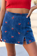 My Favorite Stretchy Dark Wash Cherry Embroidered Side Slit Denim Skort