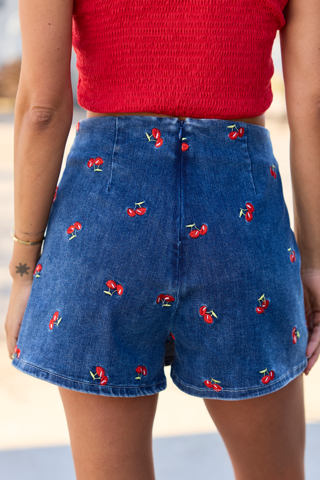 My Favorite Stretchy Dark Wash Cherry Embroidered Side Slit Denim Skort