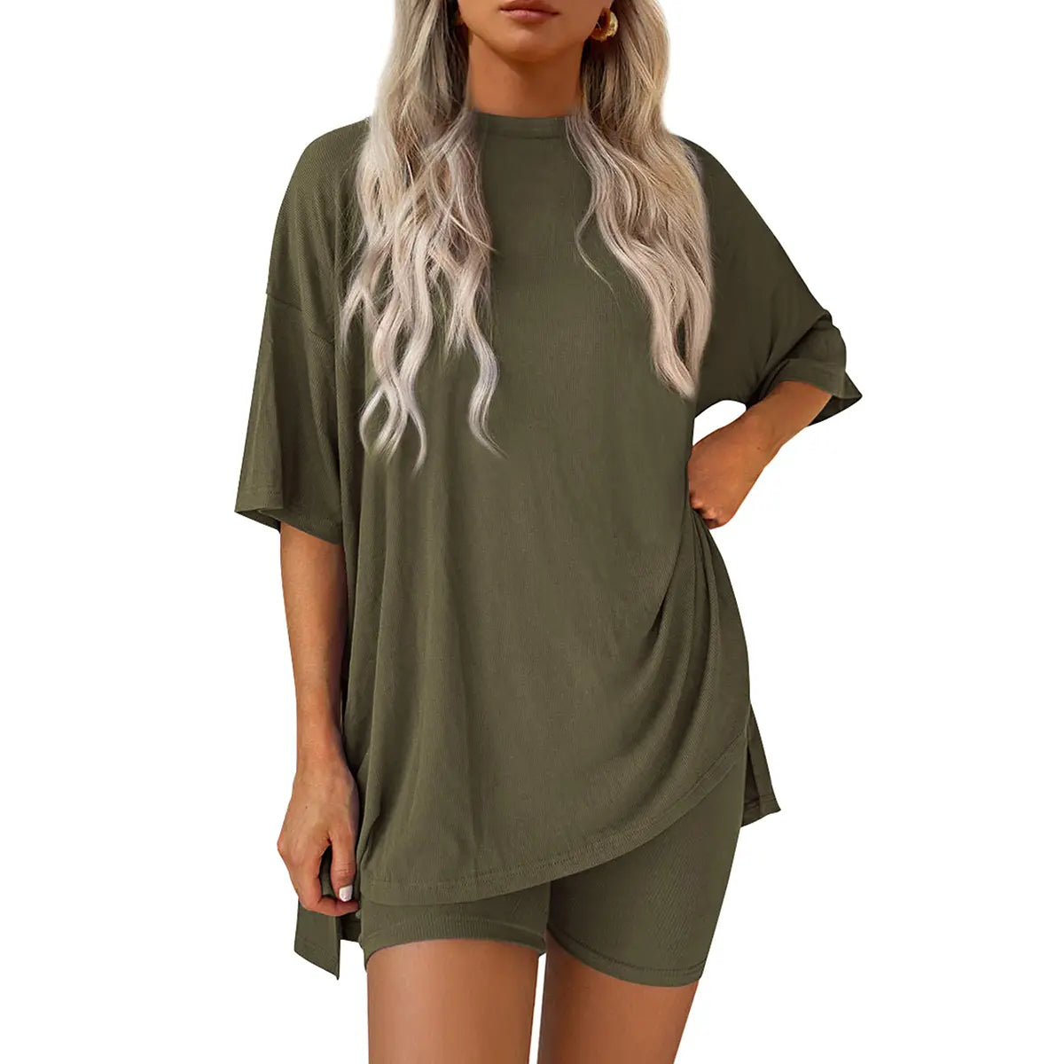 Women's Summer Two-Piece Set - Oversized Crewneck & Biker Shorts