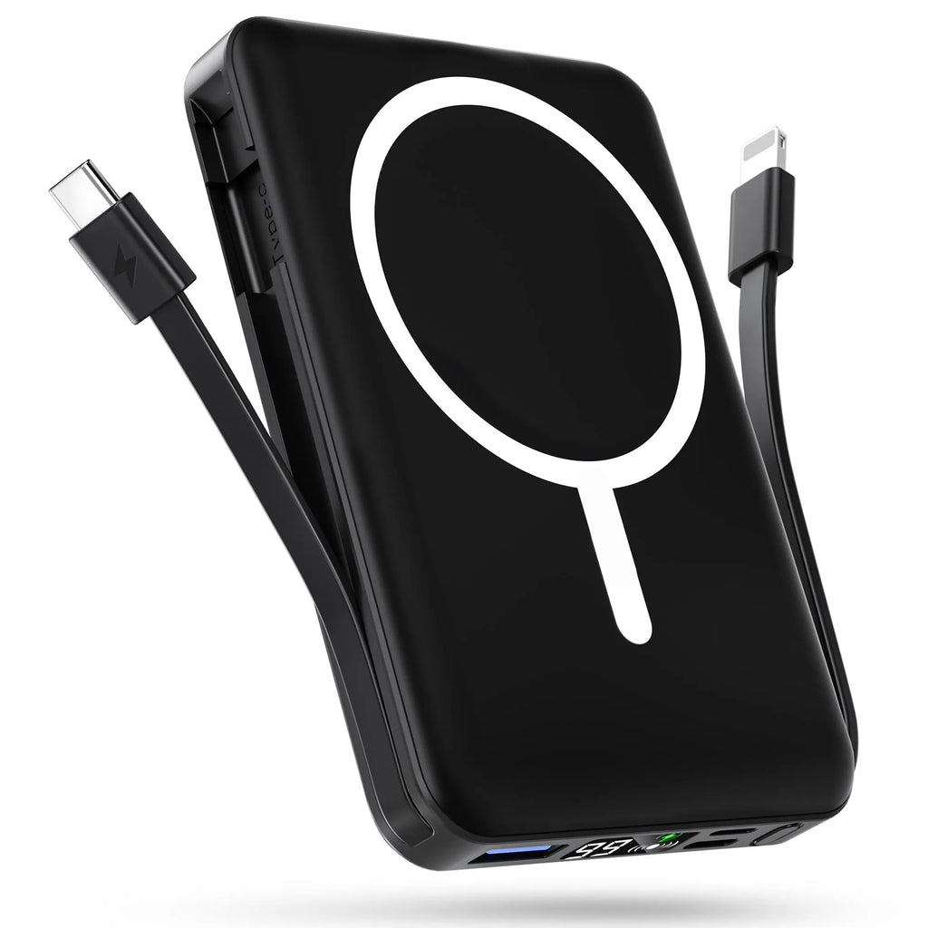 10000mAh Magnetic MagSafe Power Bank, Wireless Charger with LED Display, Dual USB-C & Lightning Cables, USB Output, Portable Mobile Device Accessories for iPhone 17/16/15/14/13/12 Series