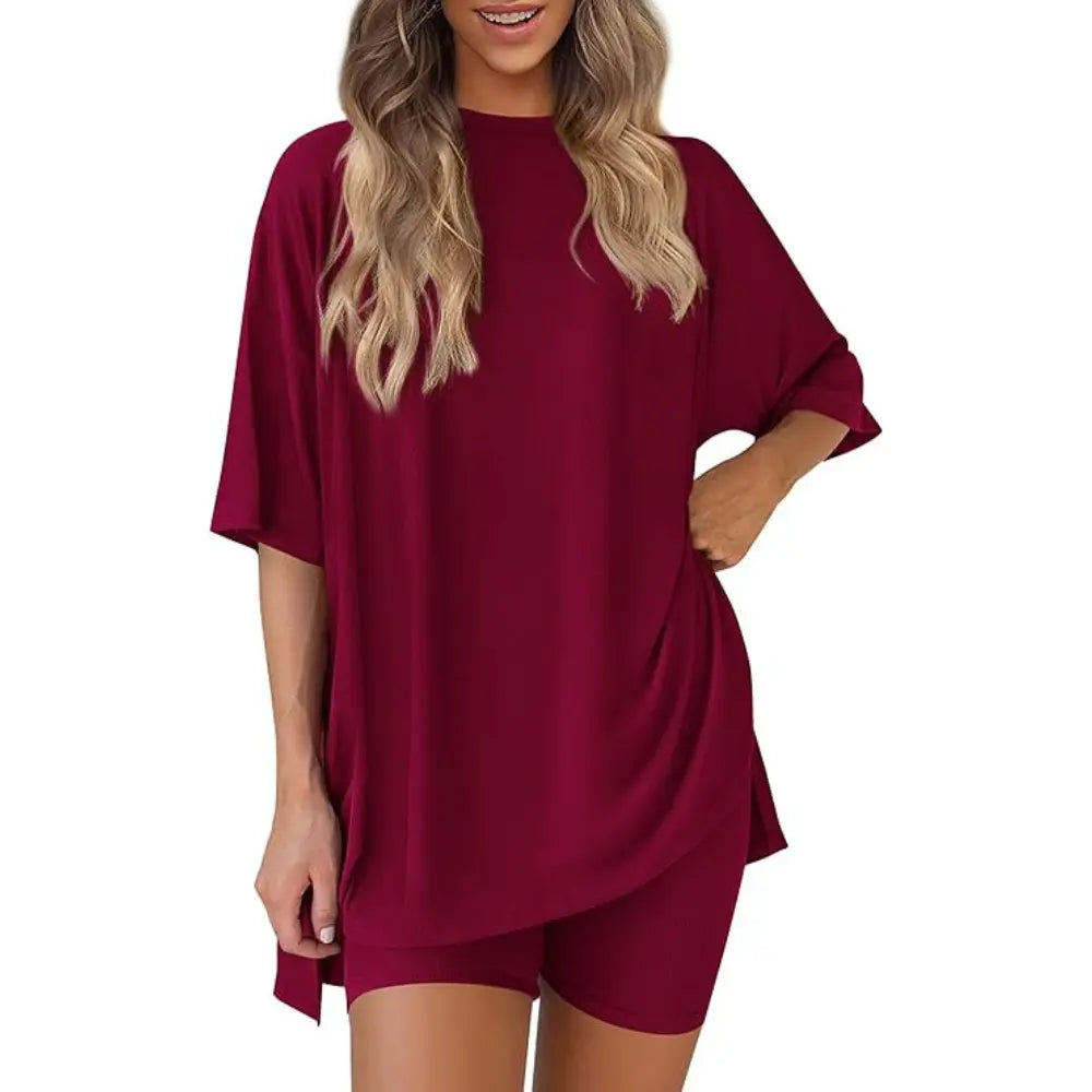 Women's Summer Two-Piece Set - Oversized Crewneck & Biker Shorts