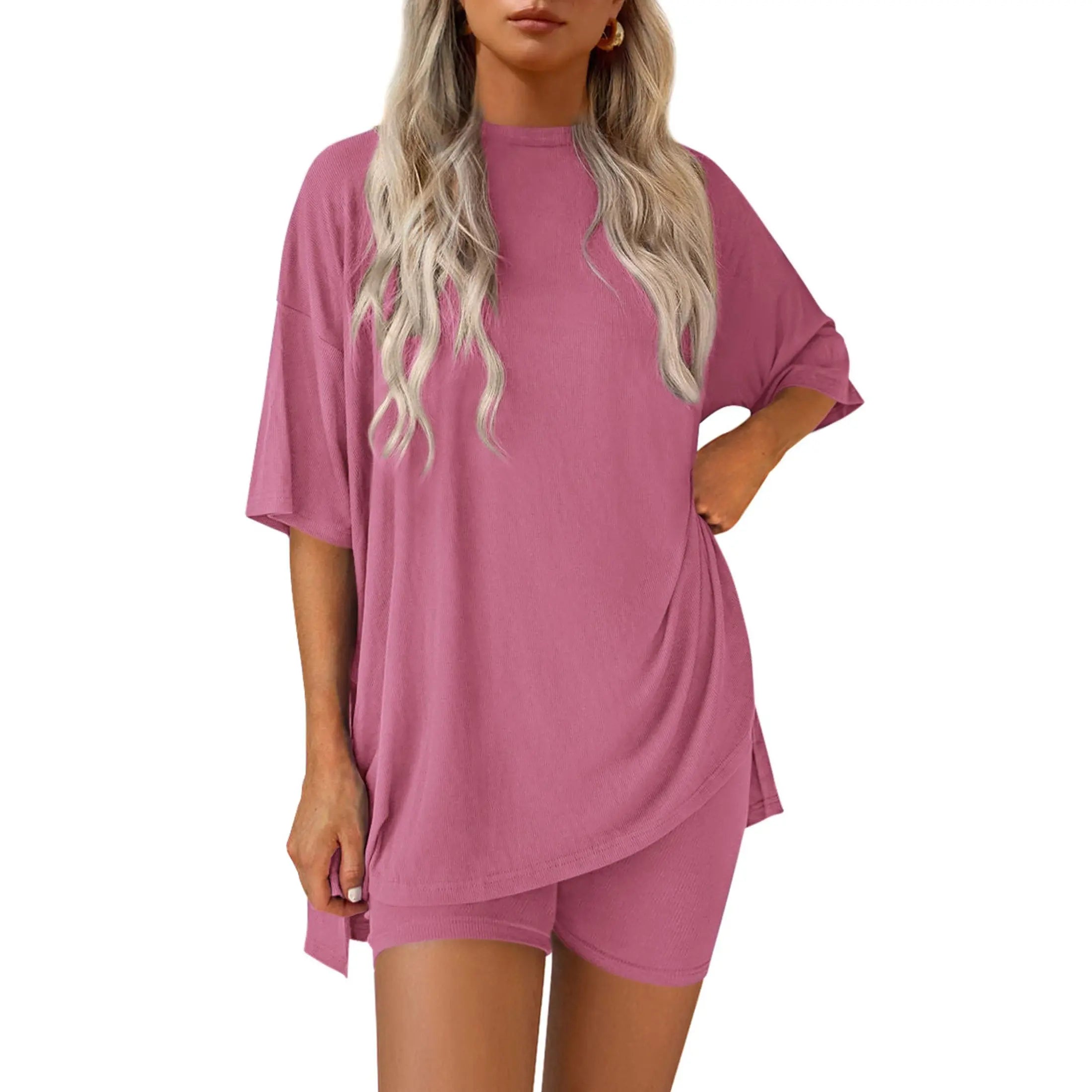 Women's Summer Two-Piece Set - Oversized Crewneck & Biker Shorts