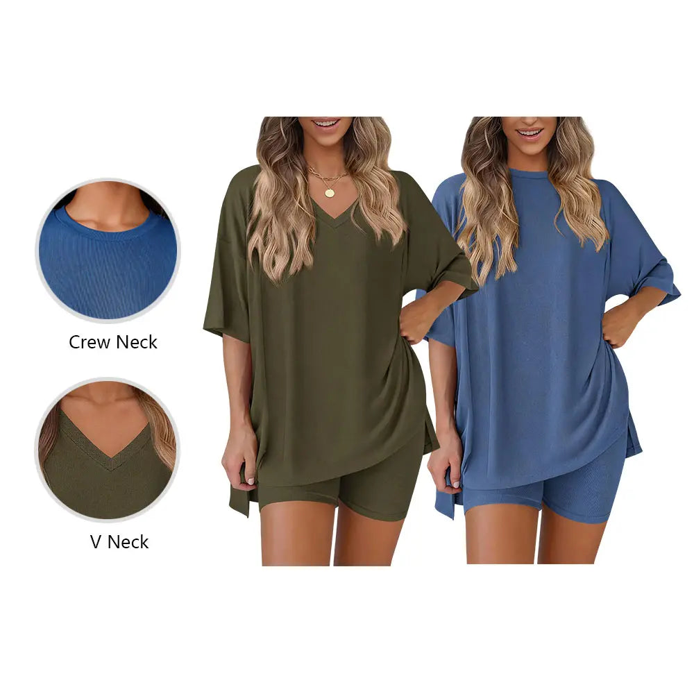 Women's Summer Two-Piece Set - Oversized Crewneck & Biker Shorts