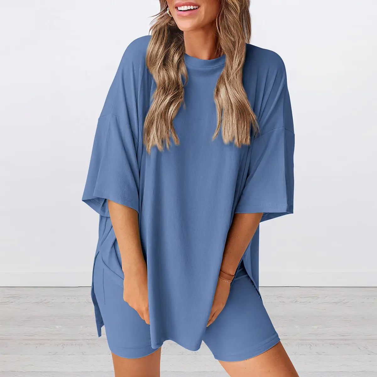 Women's Summer Two-Piece Set - Oversized Crewneck & Biker Shorts