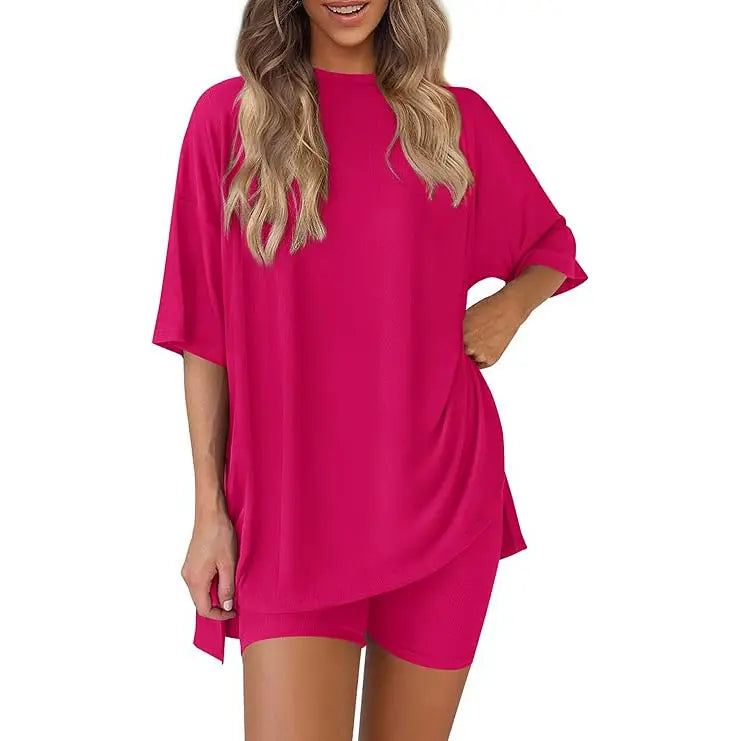 Women's Summer Two-Piece Set - Oversized Crewneck & Biker Shorts